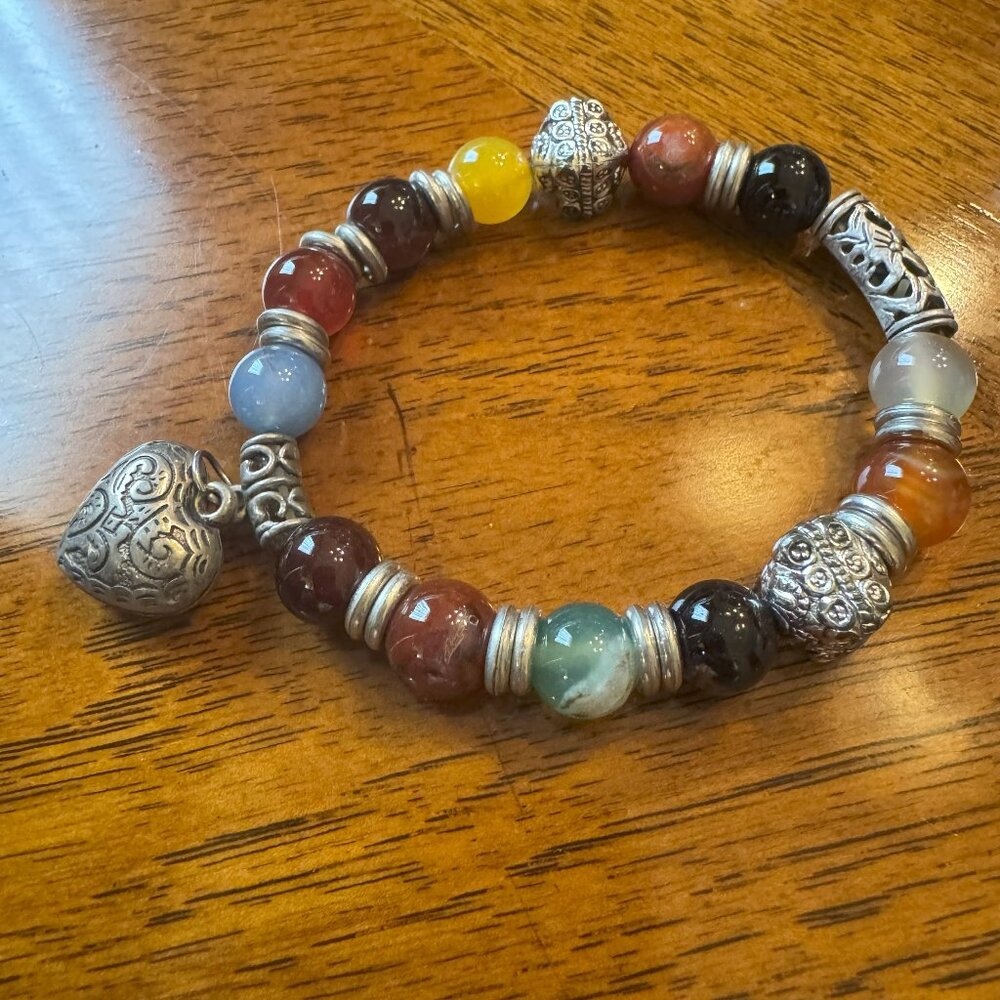 Stretchable Multi-Color Bead Bracelet with Heart Charm